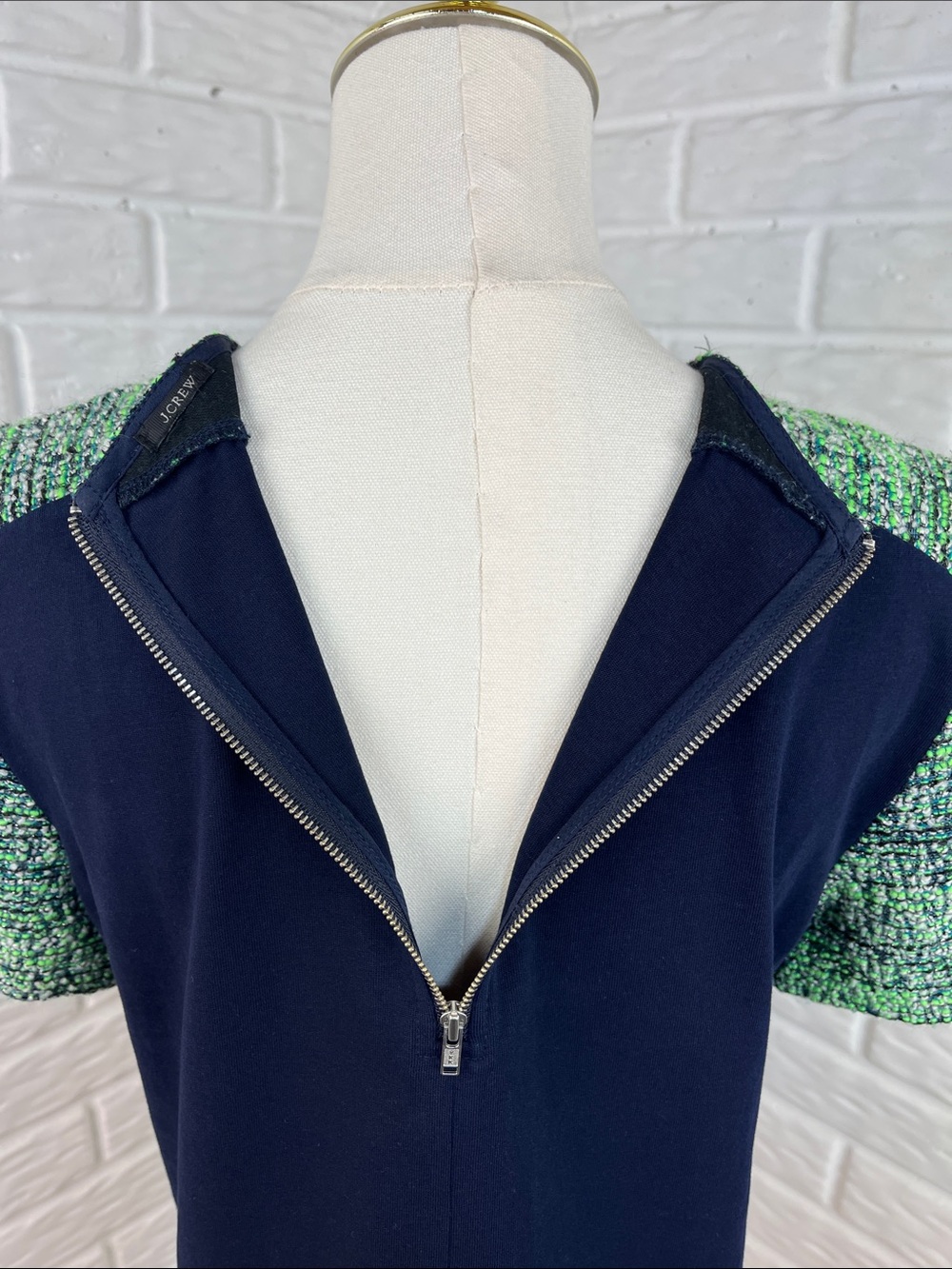 J.CREW TOP WITH TWEED SHOULDERS WOOL SILK BLEND MAVY GREEN SILVER SZ MED - Picture 8 of 14